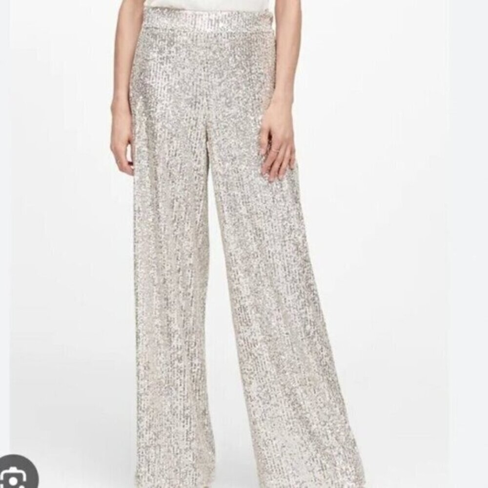 Banana Republic Women's Sequin Pants Size L High-Rise Wide-Leg Party‎ Trouser